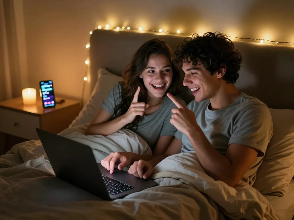 Engaging in an ai porn chat in a cozy bedroom setting.