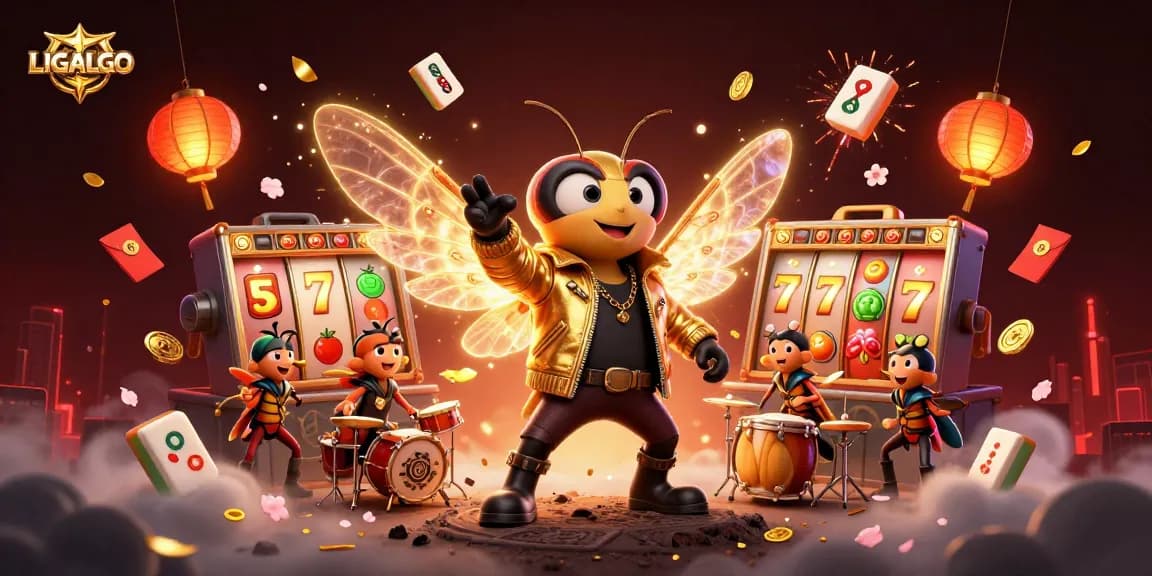 LIGALGO showcases a vibrant casino scene with a rock star cicada, slot reels, and golden coins.