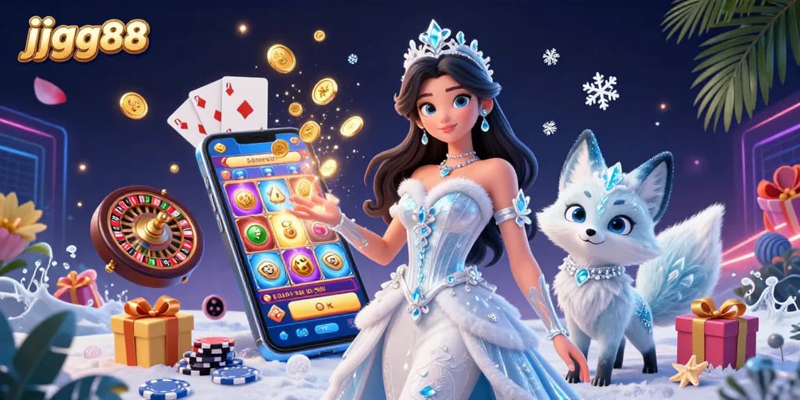 Engage in thrilling gaming at JJGG88 with a stunning 3D illustration showcasing slot games and vibrant casino elements.