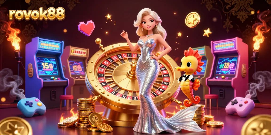 Play exciting games at rokok88 with a glamorous woman and a friendly seahorse amidst a vibrant casino backdrop.