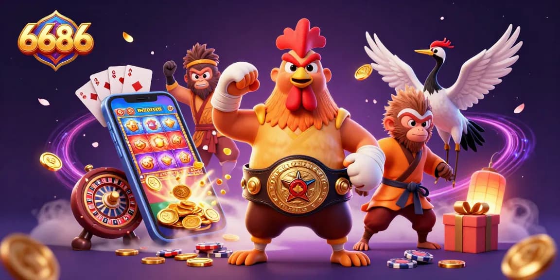 Experience the excitement of 6686 as a Muay Thai rooster, Shaolin monkey, and wise crane engage in thrilling gaming action.