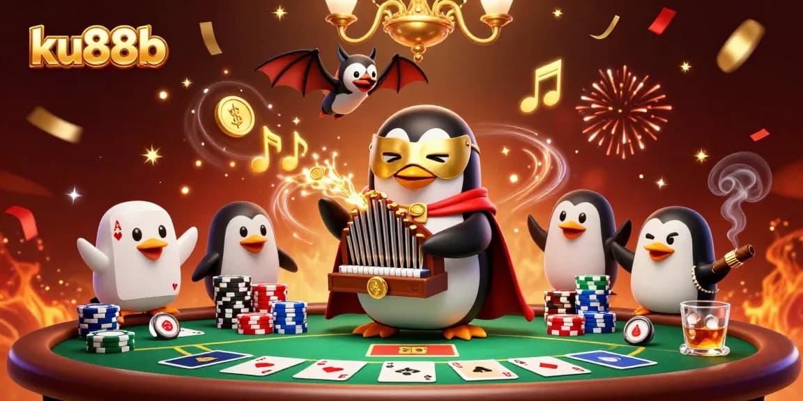 ku88b showcases a dynamic casino illustration with cartoon characters and rich gaming elements.