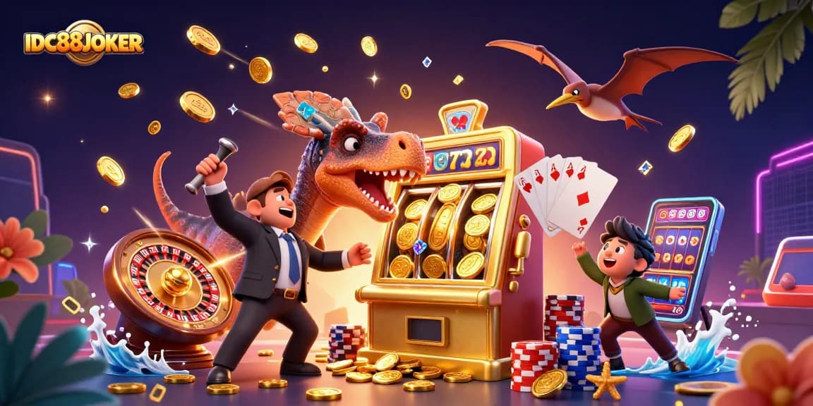 Spin the golden slot in IDC88JOKER while winning coins in a vibrant casino scene.