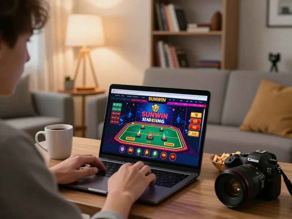 Engaging online gaming experience at SUNWIN, featuring a player focused on the casino interface in a cozy setting.