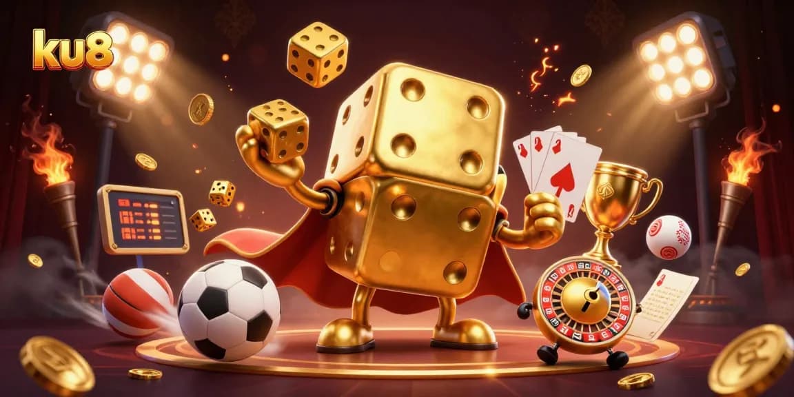 ku88 showcasing a dynamic 3D casino scene with golden dice and sports elements