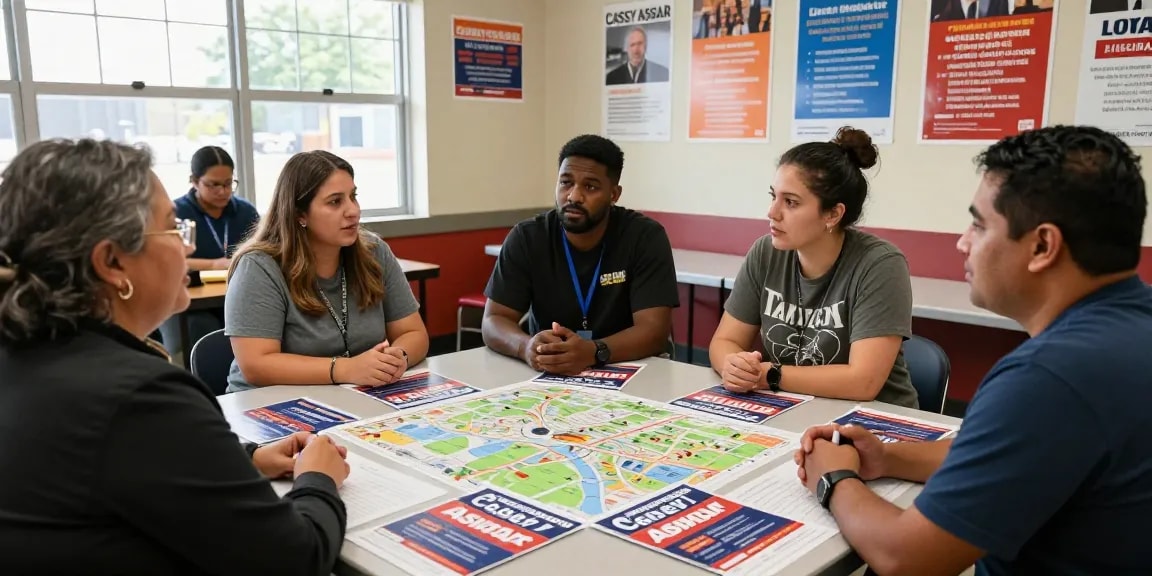 Citizens discussing Casey Askar's campaign at a community center.