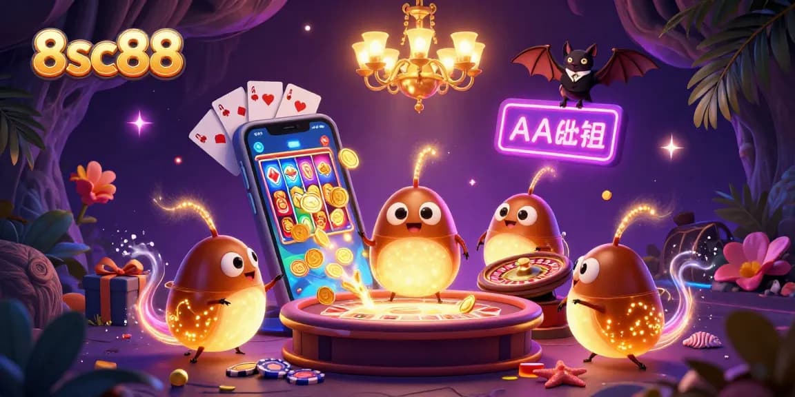Join the fun at 8sc88 casino with a dynamic scene of glowworms lighting up the action with vibrant gaming elements.