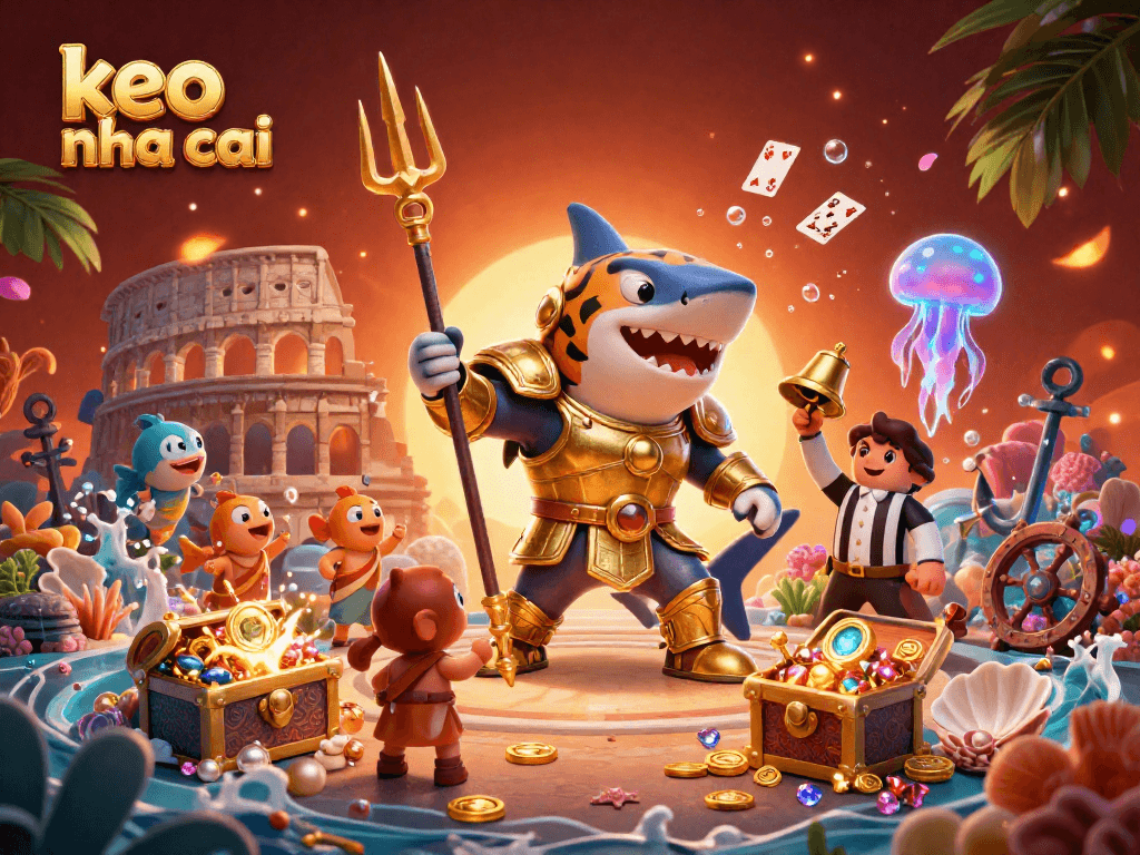 Engage with the thrilling keo nha cai casino battle led by a shark in gladiator armor and vibrant underwater riches.