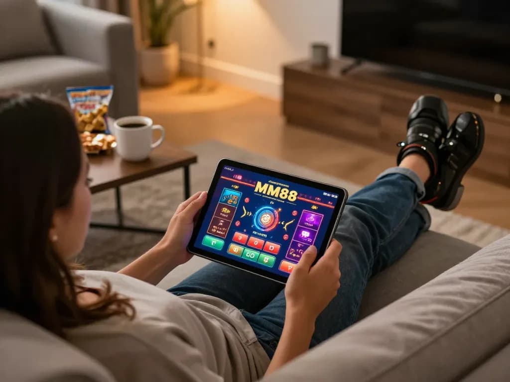 Engaging in online casino gaming on Trang chủ MM88 with vibrant graphics and cozy home setting.