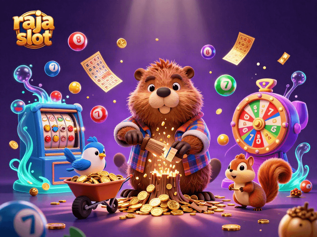 Engage with the raja slot experience featuring vibrant characters in a casino-themed illustration.