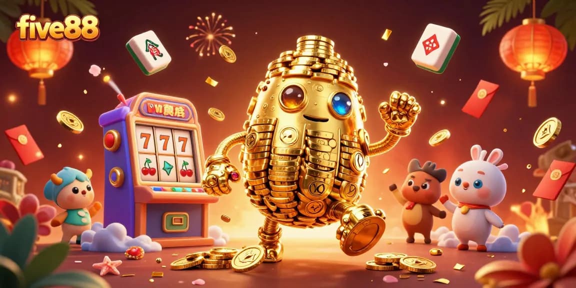 Engage with five88's vibrant slot gaming experience featuring a golden golem and dynamic elements.