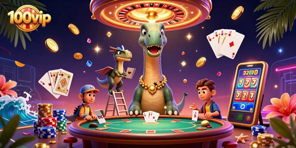 Experience excitement at 100vip with a playful casino scene featuring vibrant games and character interactions.