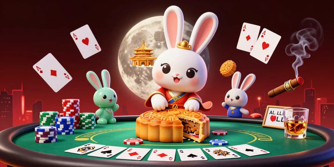 ku88 showcases a lively casino scene with a moon rabbit, poker chips, and vibrant elements.