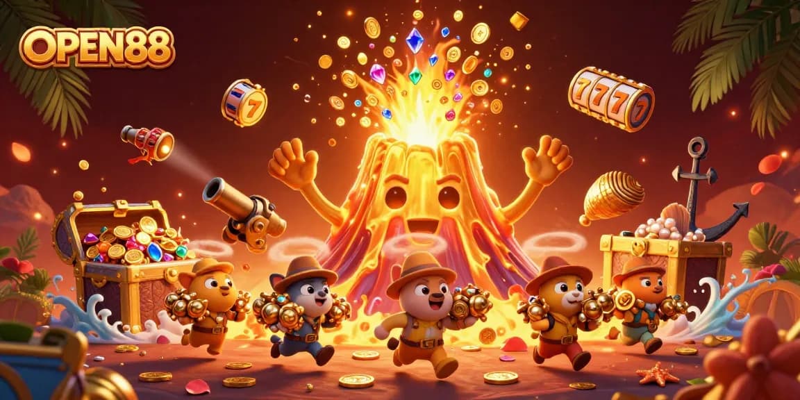 Engage in exciting gaming action with OPEN88, featuring a golden volcano and slot game elements erupting riches.