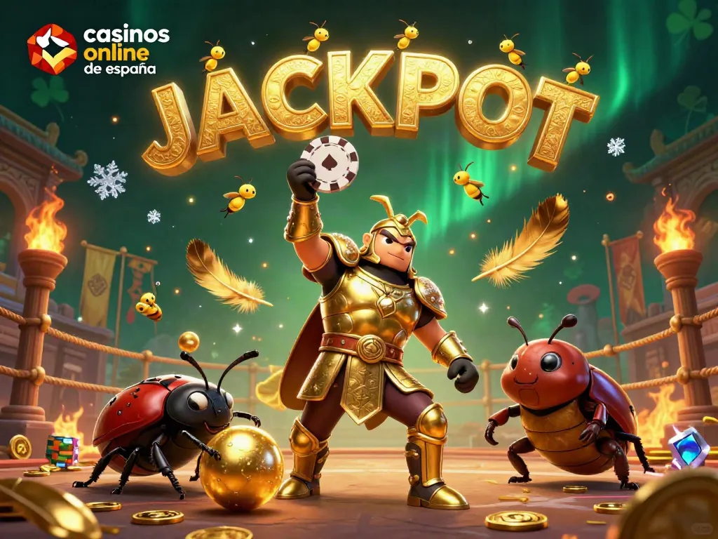 Visualización vibrante de casinos online de España con un escarabajo y luces que brillan con jackpot.