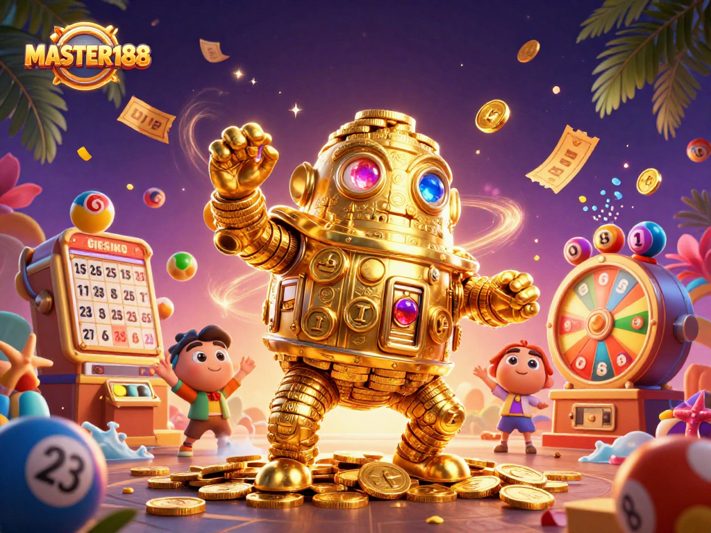 Engage in thrilling lottery excitement at MASTER188 with vibrant balls and a golden golem.