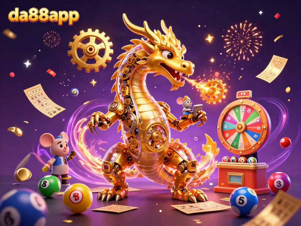Experience thrilling gameplay at da88app with a dynamic casino scene featuring a golden dragon and vibrant colorful elements.