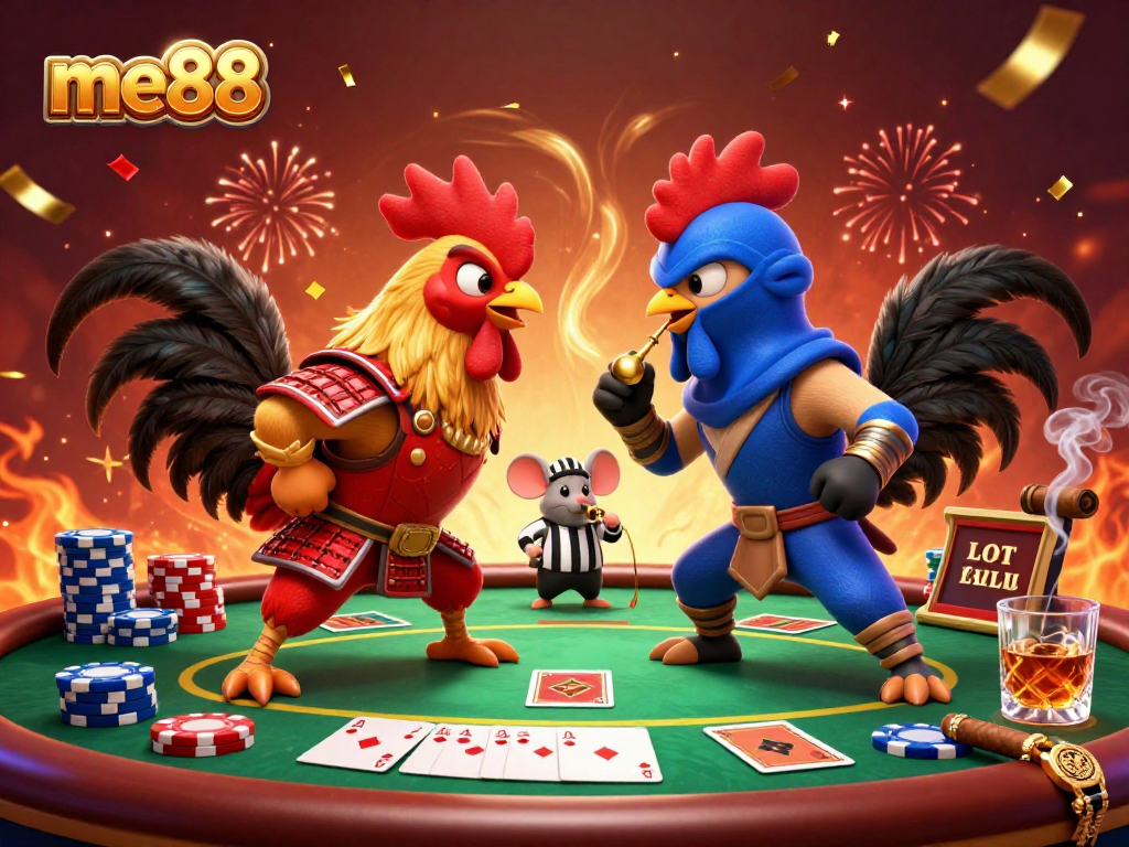 Engage in thrilling action at me88 casino featuring fighting roosters amidst poker excitement.
