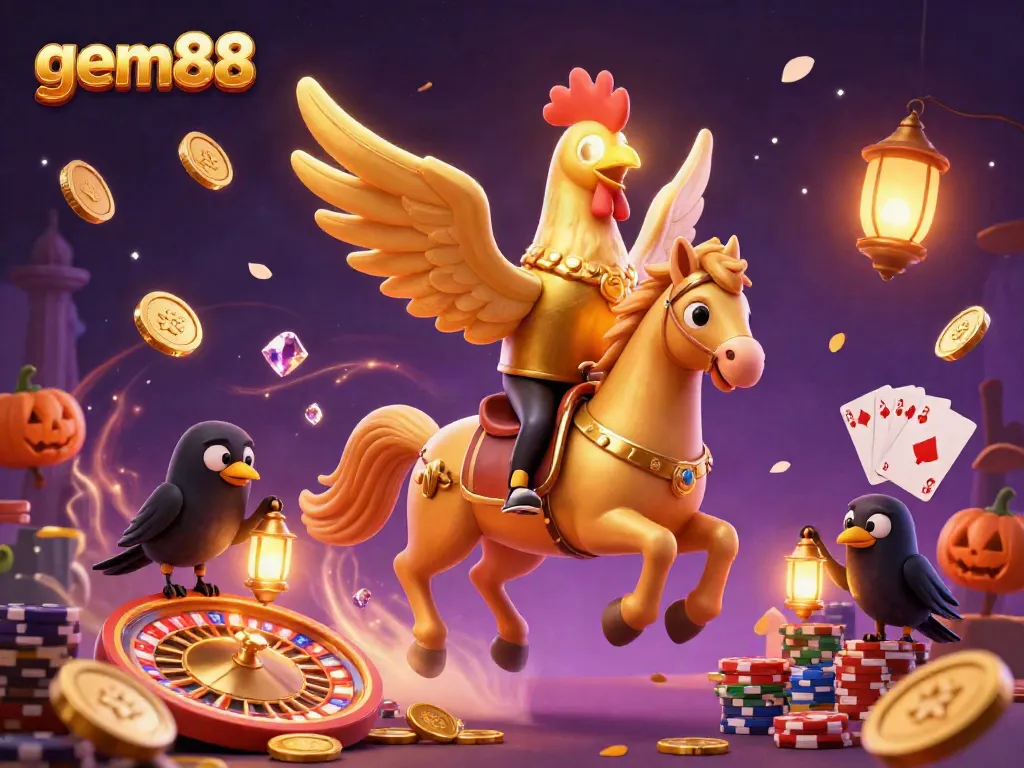 Experience the excitement of gem88 with a vibrant casino scene featuring golden animals and flying coins.