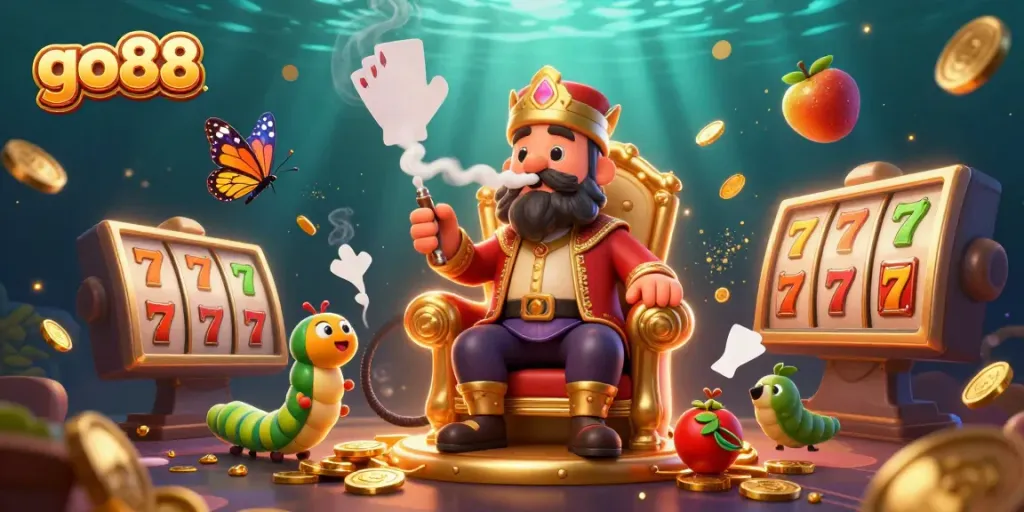 Win big at go88 with a vibrant casino-themed illustration featuring gaming symbols and gold coins.