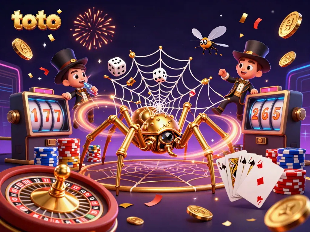 Engage in thrilling toto gameplay as the golden spider captures dice amidst a vibrant, casino-themed scene.