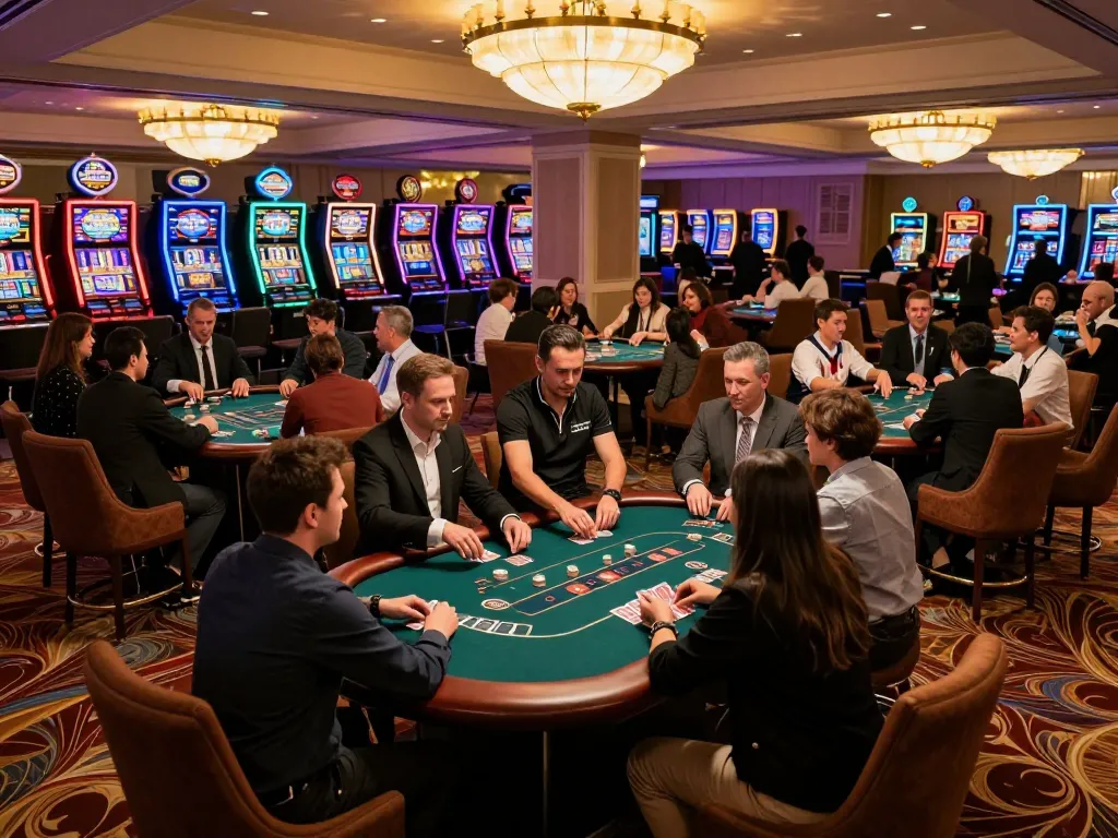 Players enjoying a strategic poker game at a lavish casino, showcasing tylekeonhacai88 vibes and exciting betting action.