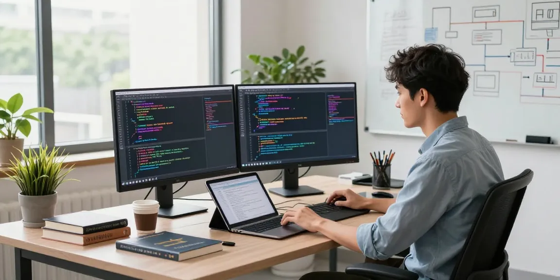 Developer coding in a high-tech workspace with dual monitors, reflecting bungeeexchange innovation.