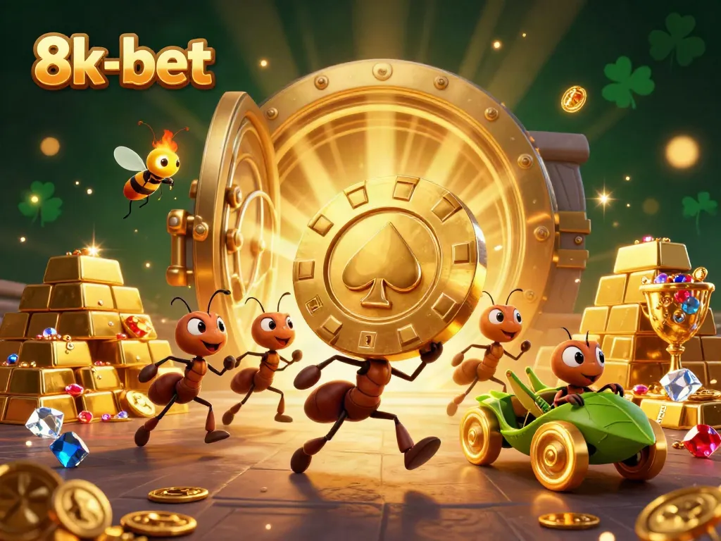 8k-bet ants heist carrying a giant poker chip through a vibrant casino-themed tunnel.