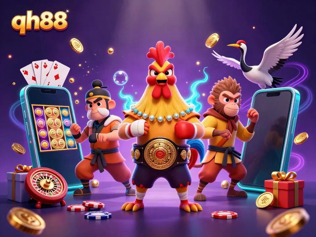 Engage with the thrilling world of QH88, featuring dynamic characters in a vibrant casino scene.