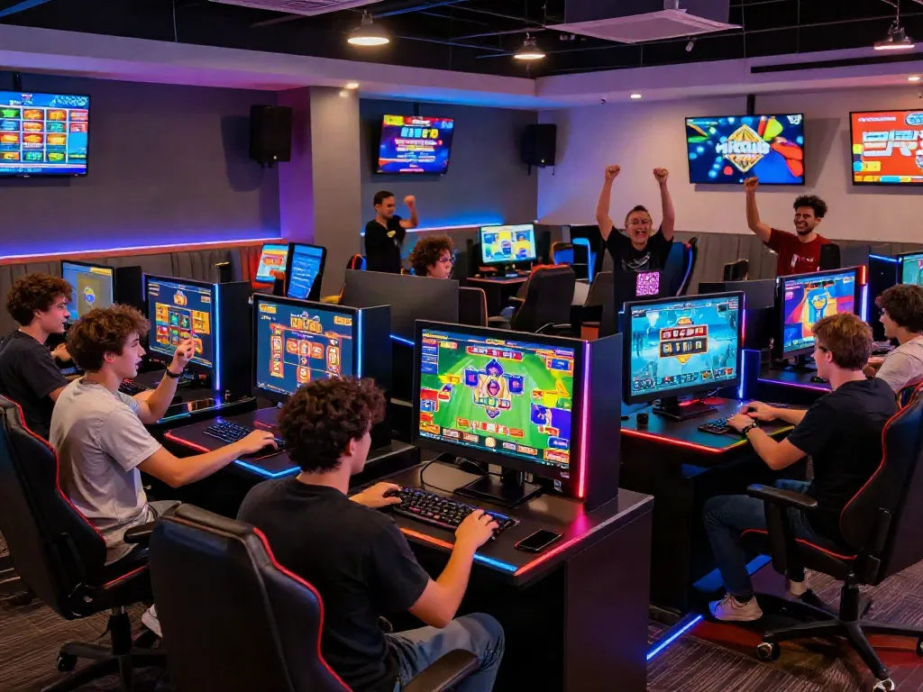 Engaging gaming atmosphere at https://hitclub3.io/ with diverse players enjoying various online casino games in a vibrant lounge.