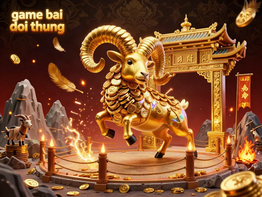 Vibrant 3D illustration of "game bai doi thuong" featuring a golden ram charging at a gate with coins and smoke.