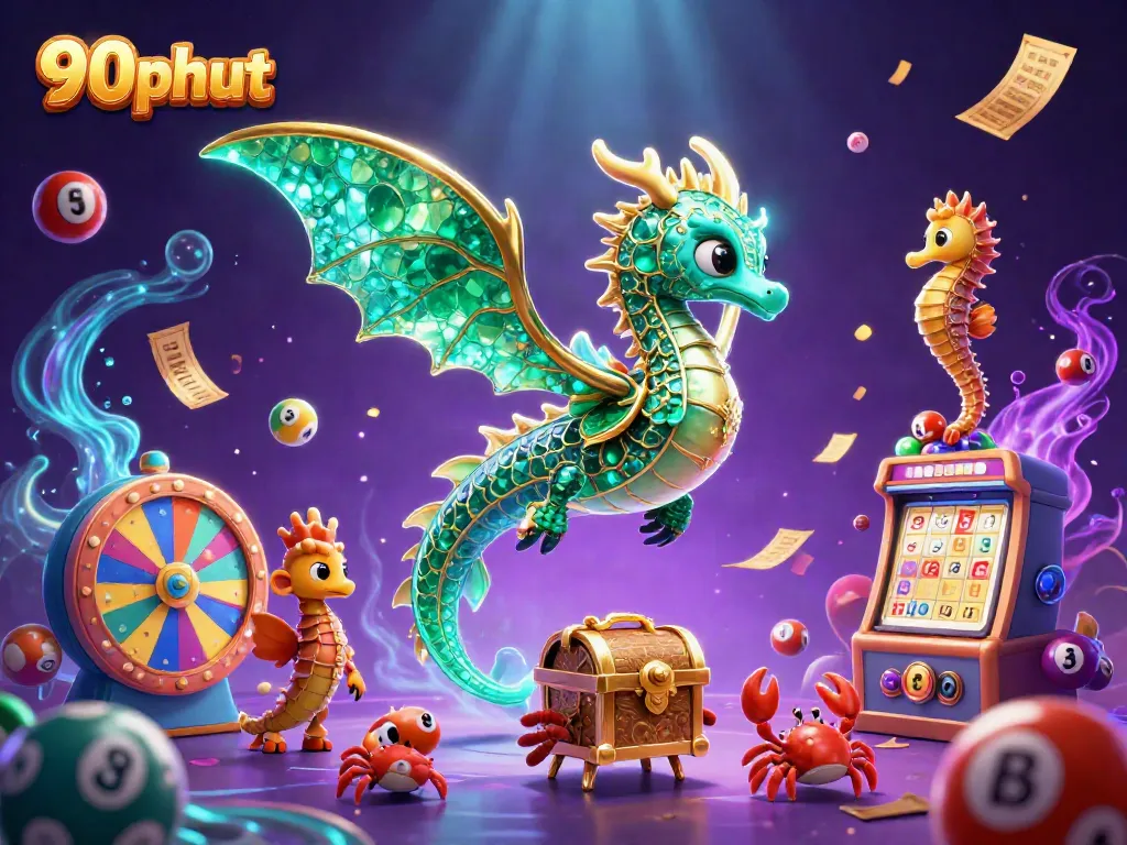 90phut showcases a vibrant underwater world with a sea dragon, royal seahorses, and colorful lottery elements.