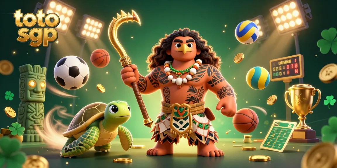 Experience thrilling toto sgp wins with vibrant 3D illustration of a demigod and turtle amidst dynamic sports elements.