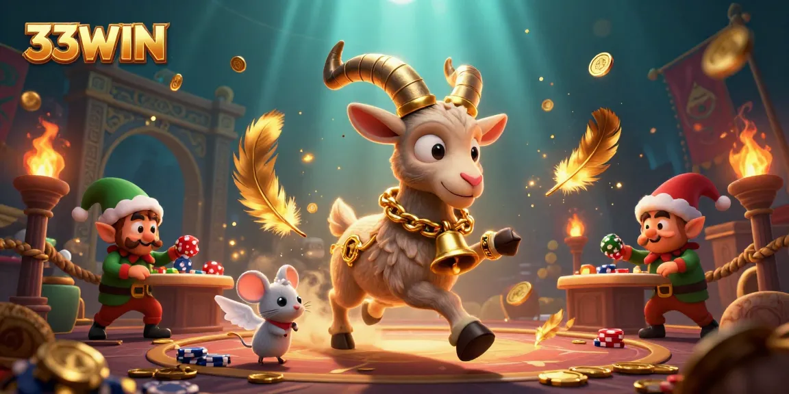 33WIN brings excitement with Krampus and allies stealing poker chips in a vibrant casino scene.
