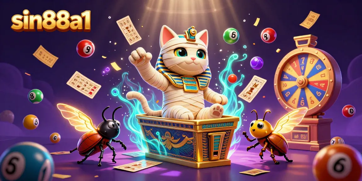 Experience thrilling moments with sin88a1's lively Egyptian-themed casino adventure, featuring a mummy cat and colorful game elements.