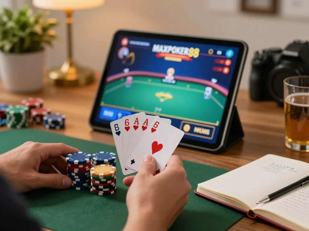 Maxpoker88 poker gameplay at home, showcasing player’s hand with cards and chips.