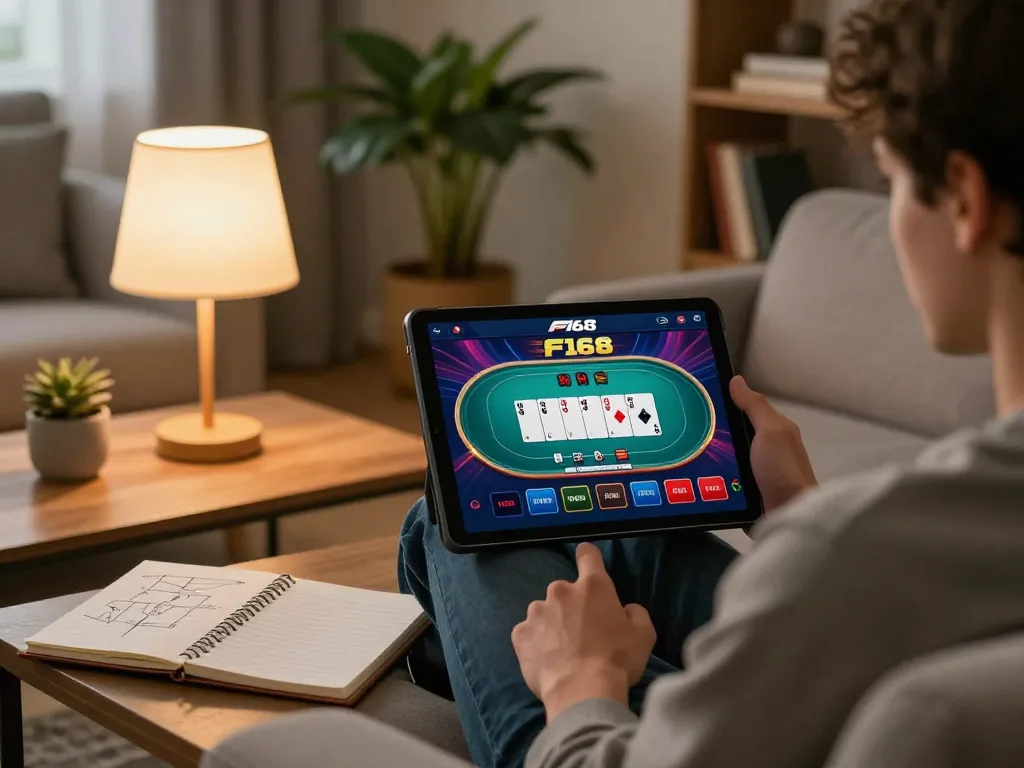 Player engaging with F168 casino app on tablet in a cozy home setting, enjoying online gaming responsibly.