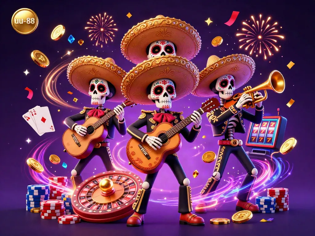 Experience the thrill of uu-88 with this vibrant cartoon depiction of a lively casino scene featuring vibrant mariachis and dynamic game elements.
