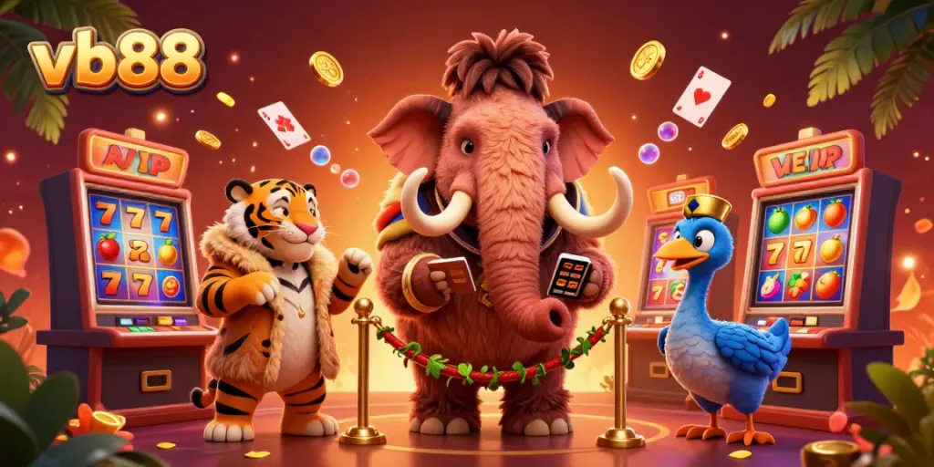 Experience thrilling gaming with vb88 featuring a vibrant mammoth bouncer and VIP saber-tooth at a lively casino.