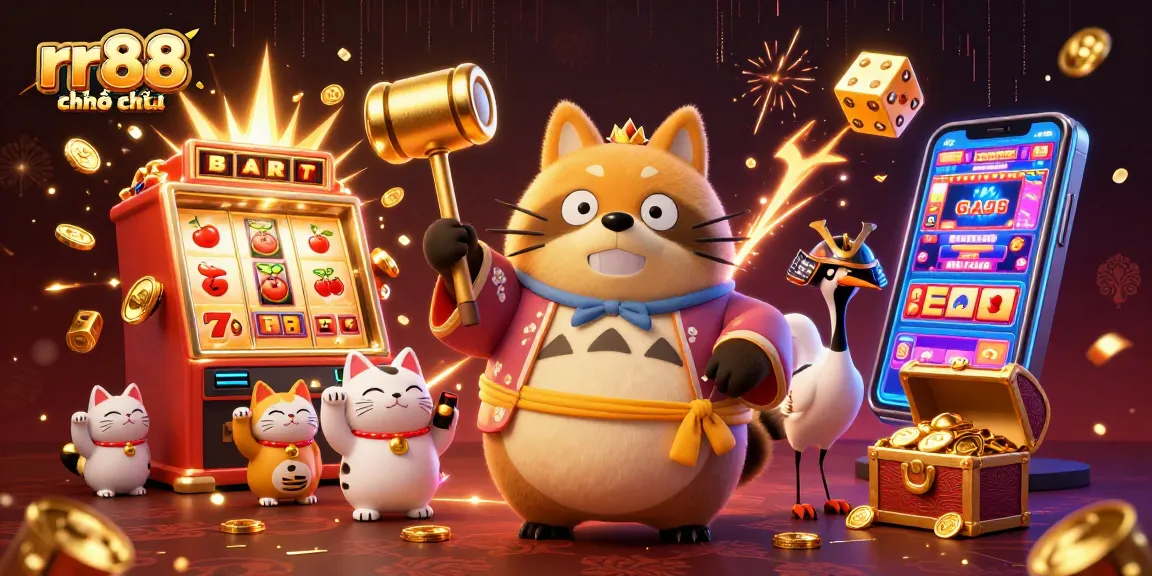 Experience the excitement of rr88 chính thức with a vibrant 3D cartoon illustration featuring a cheerful tanuki and lively casino elements.