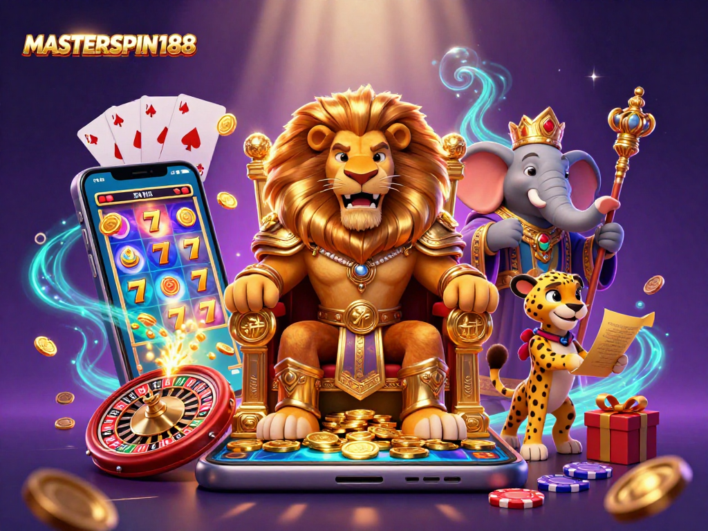Experience the thrill of MASTERSPIN188 with a vibrant casino scene featuring a lion king and dynamic game elements.