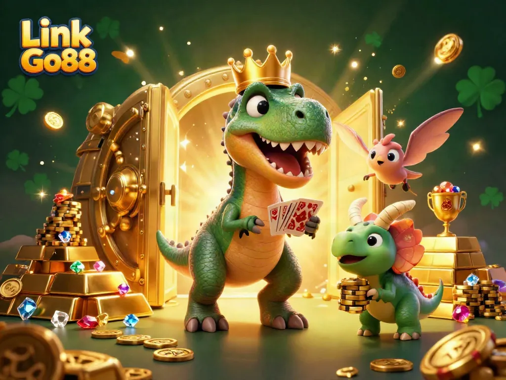 Engage with thrilling gaming action and fun as T-Rex and friends shuffle cards and stack chips for Link Go88!