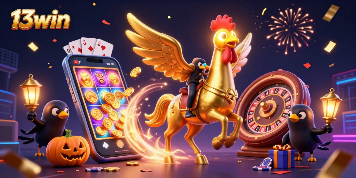 Engage in thrilling gameplay at 13win with vibrant visuals featuring a golden rooster and casino elements.