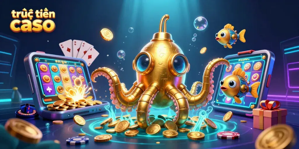 Chơi tại sòng bạc trực tuyến, hình ảnh tàu ngầm kraken bằng vàng với tiền xu xung quanh.