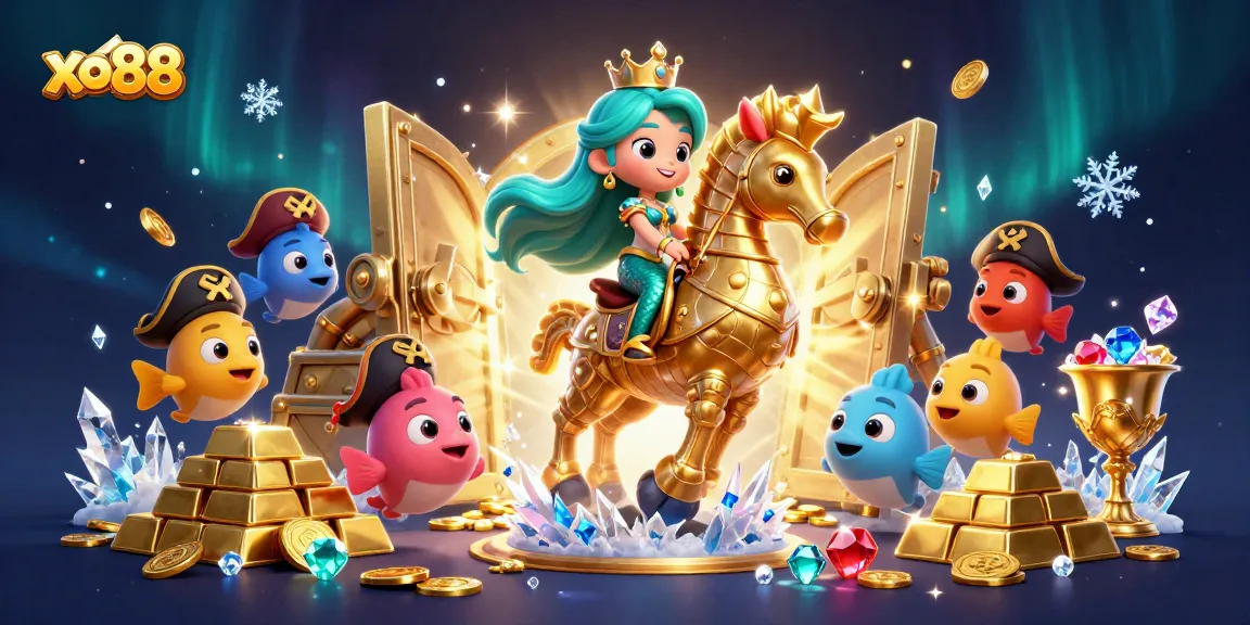 Engage in thrilling gaming at xo88, featuring a fantastical mermaid princess on a seahorse amidst treasure.