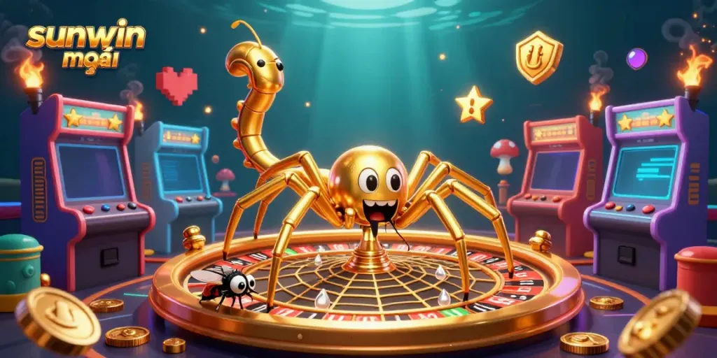 Experience thrilling gameplay in sunwin mới with a 3D cartoon spider spinning a roulette wheel web.