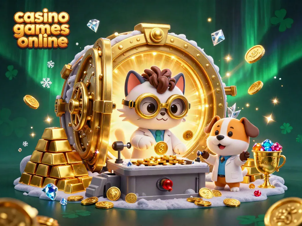 Engaging scene showcasing casino games online with a whimsical scientist cat and lab dog amidst treasure.