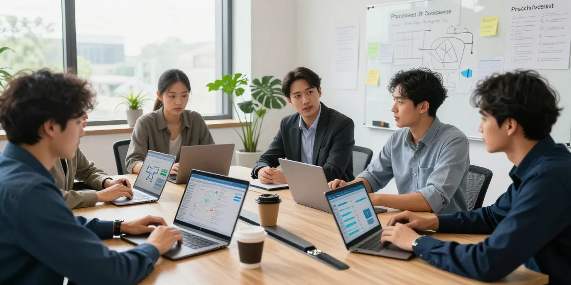 IT support small business team collaborating on strategies in modern office