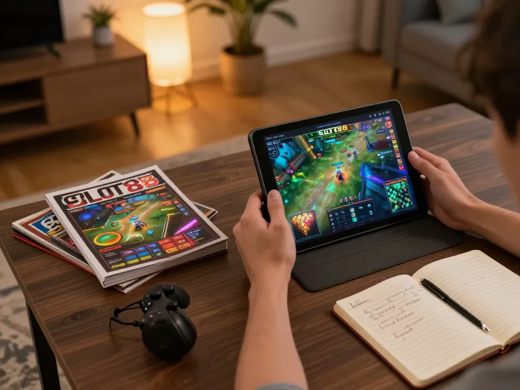 SLOT88 gaming session with intense focus on tablet gameplay at home