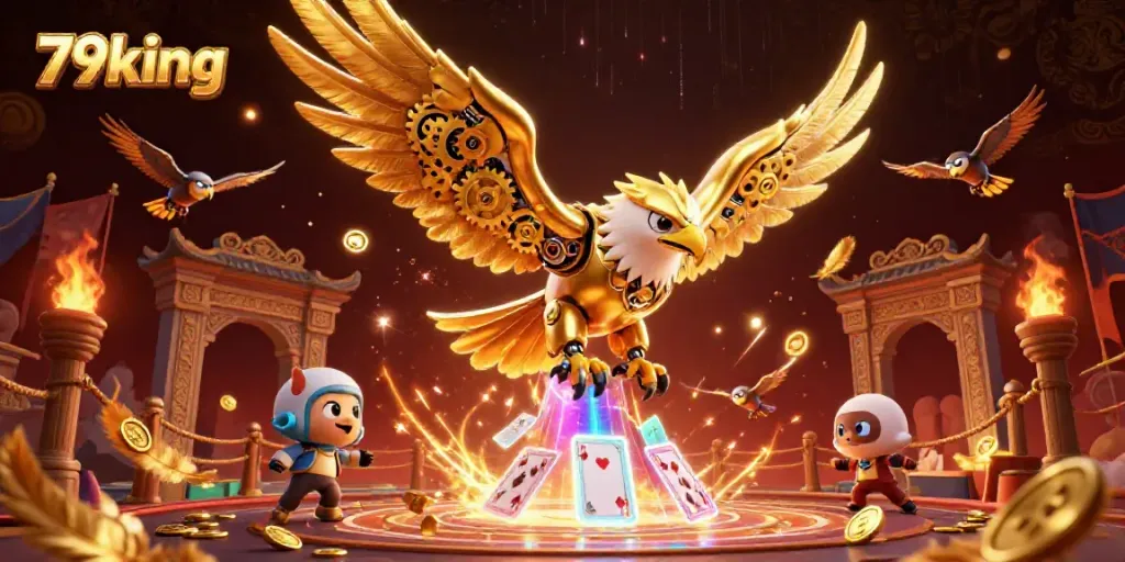 Win big with 79king in an ultra-detailed casino battle scene featuring a cybernetic eagle.
